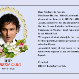 Zubeen Garg’s Shradhanjali Ceremony to be held at Don Bosco Hr. Sec, School, Lichubari